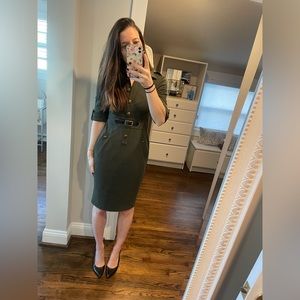 Adriana Papell military style dark green knee length dress with gold buttons - 4